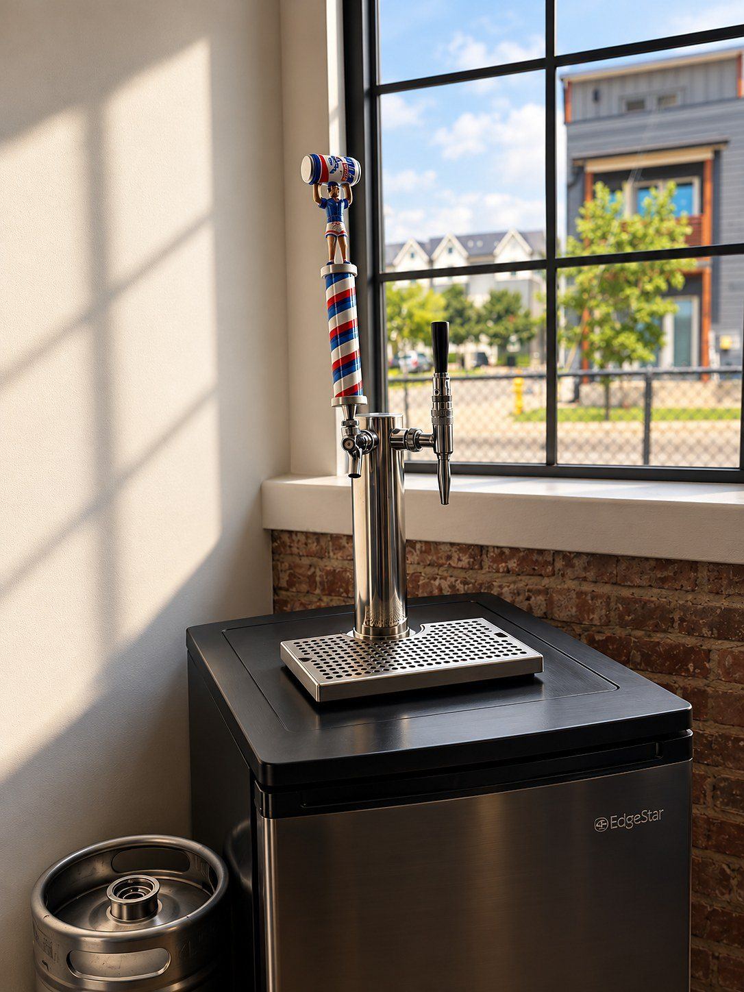 Kegerator with a barber-pole cold brew tap by a sunny window