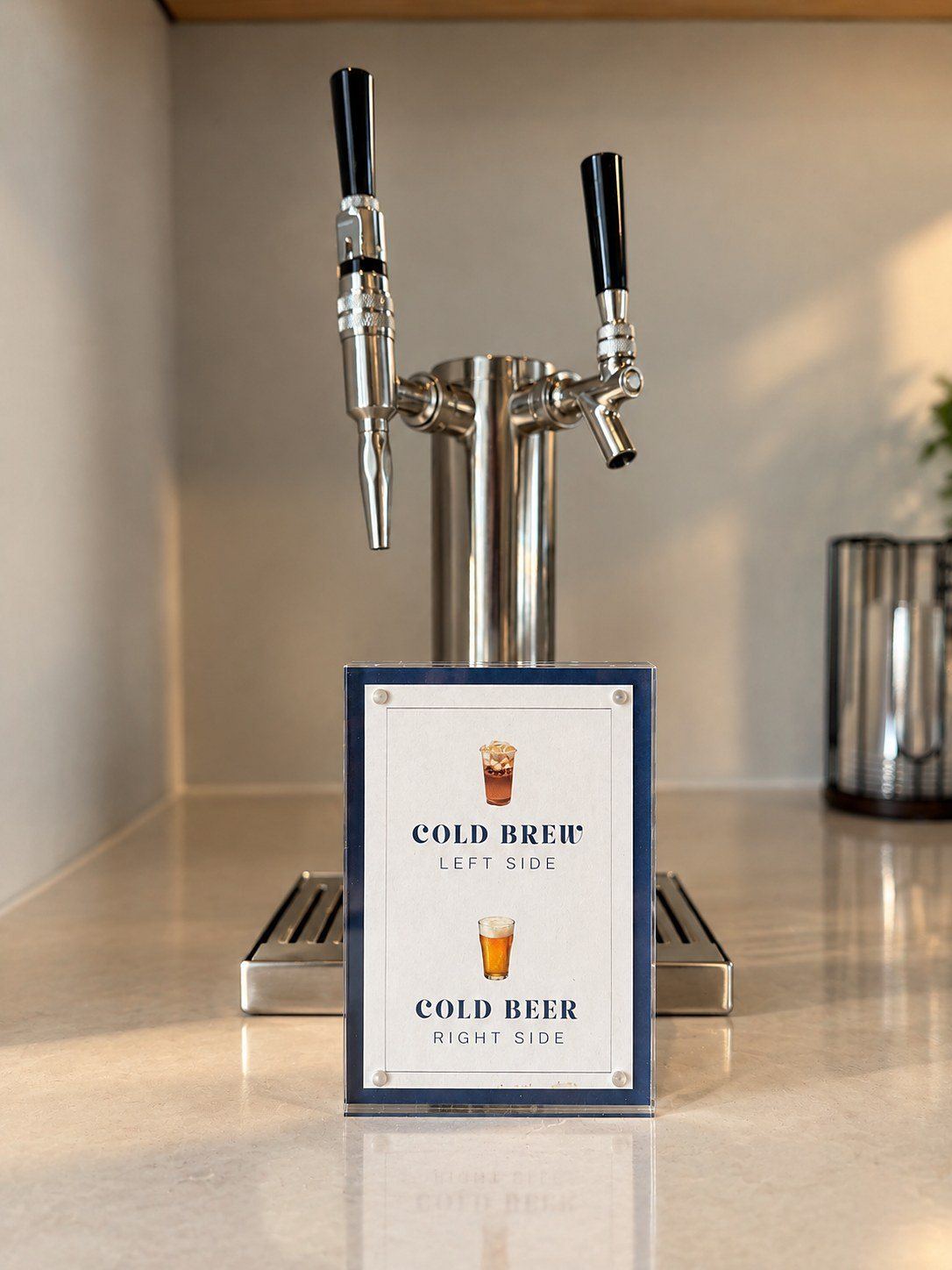 Stainless two-tap cold brew tower with a Cold Brew menu card