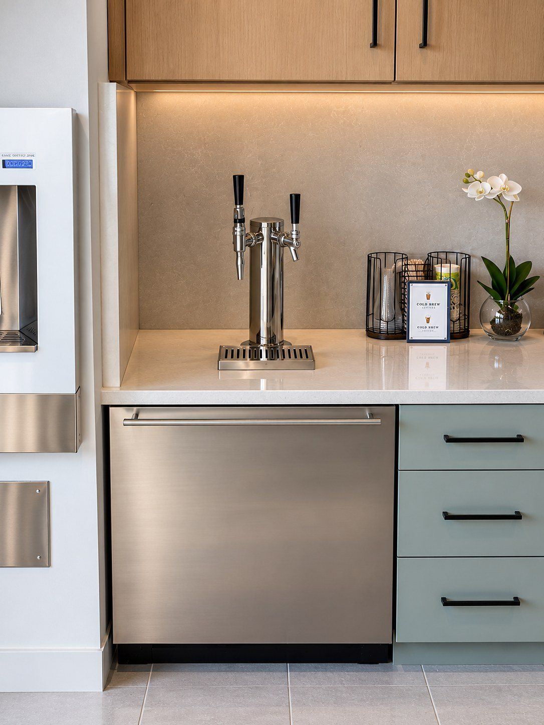 Cold brew tap installed on a modern office kitchen counter