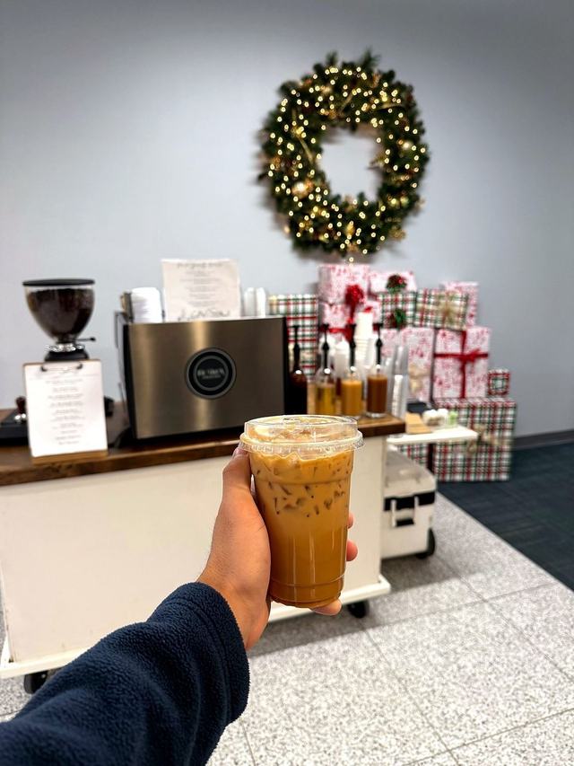 Iced coffee at a holiday office pop-up